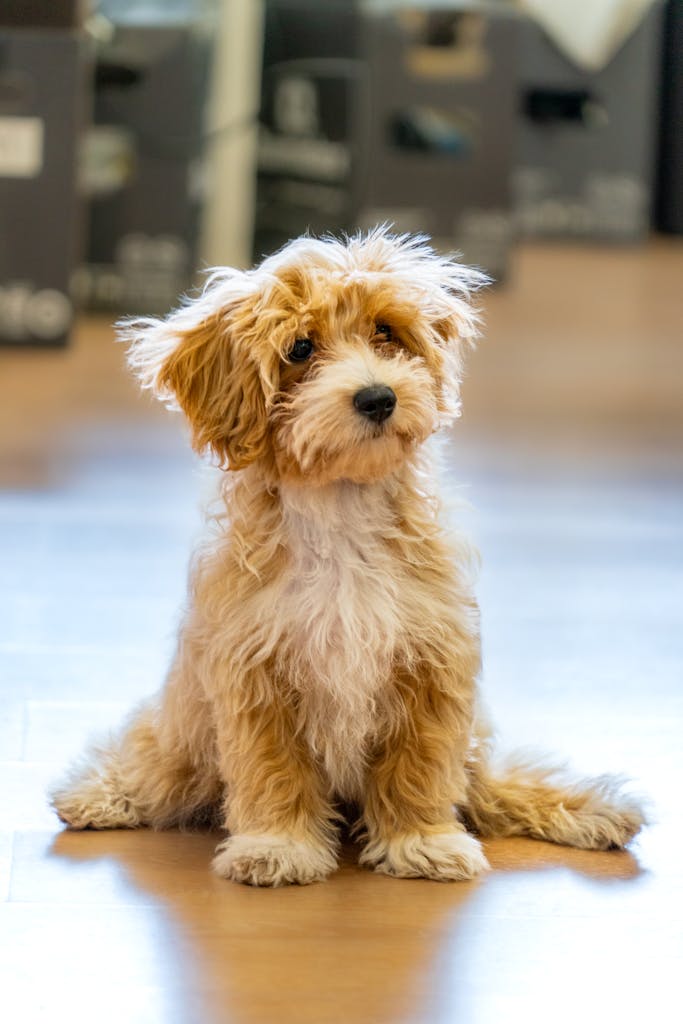 Adorable curly-haired Maltipoo puppy sitting indoors, capturing a playful and fluffy look.